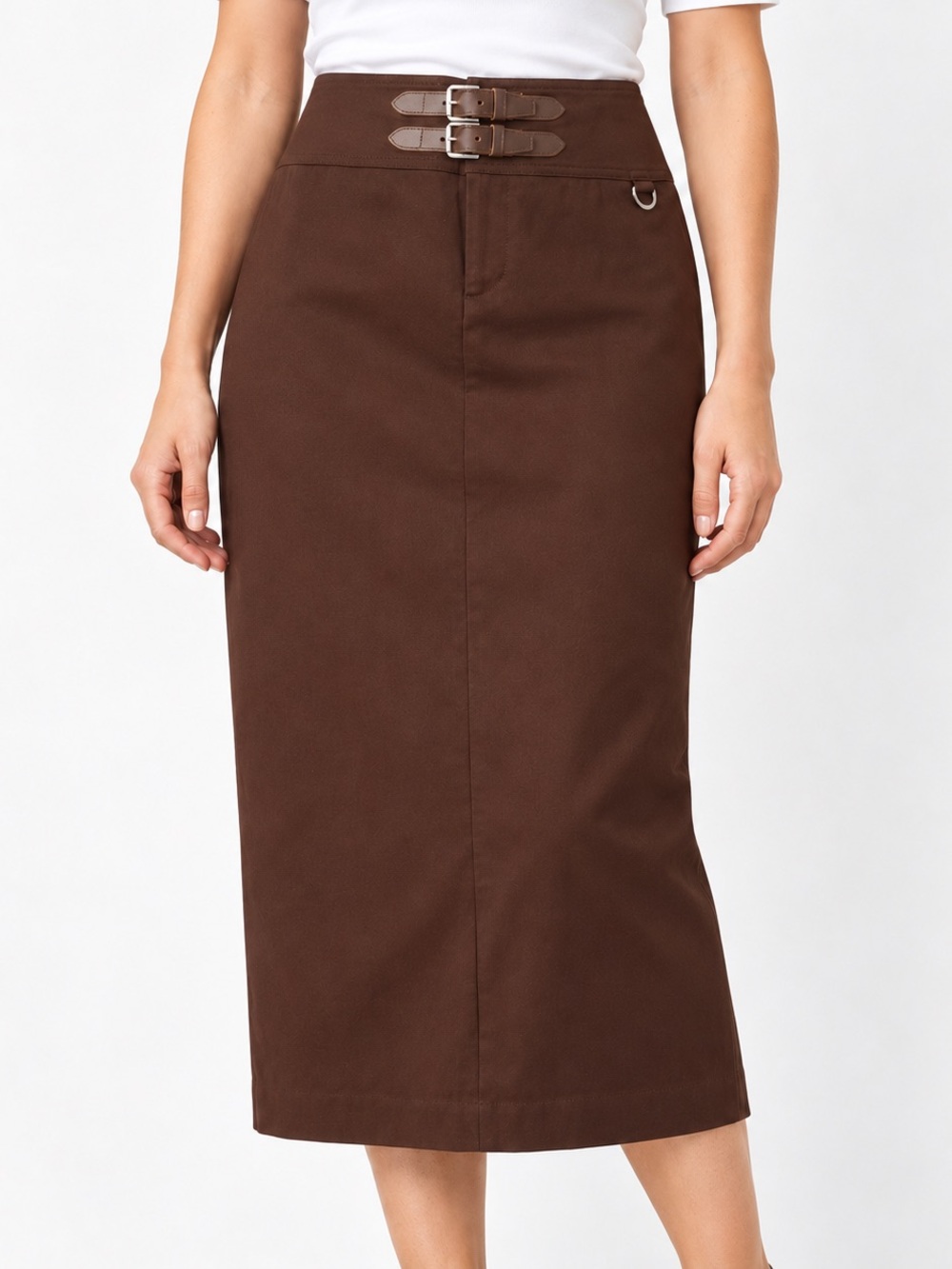 Lauren Ralph Lauren Brown Double Buckle Waist Midi Skirt Size 8 Y2K